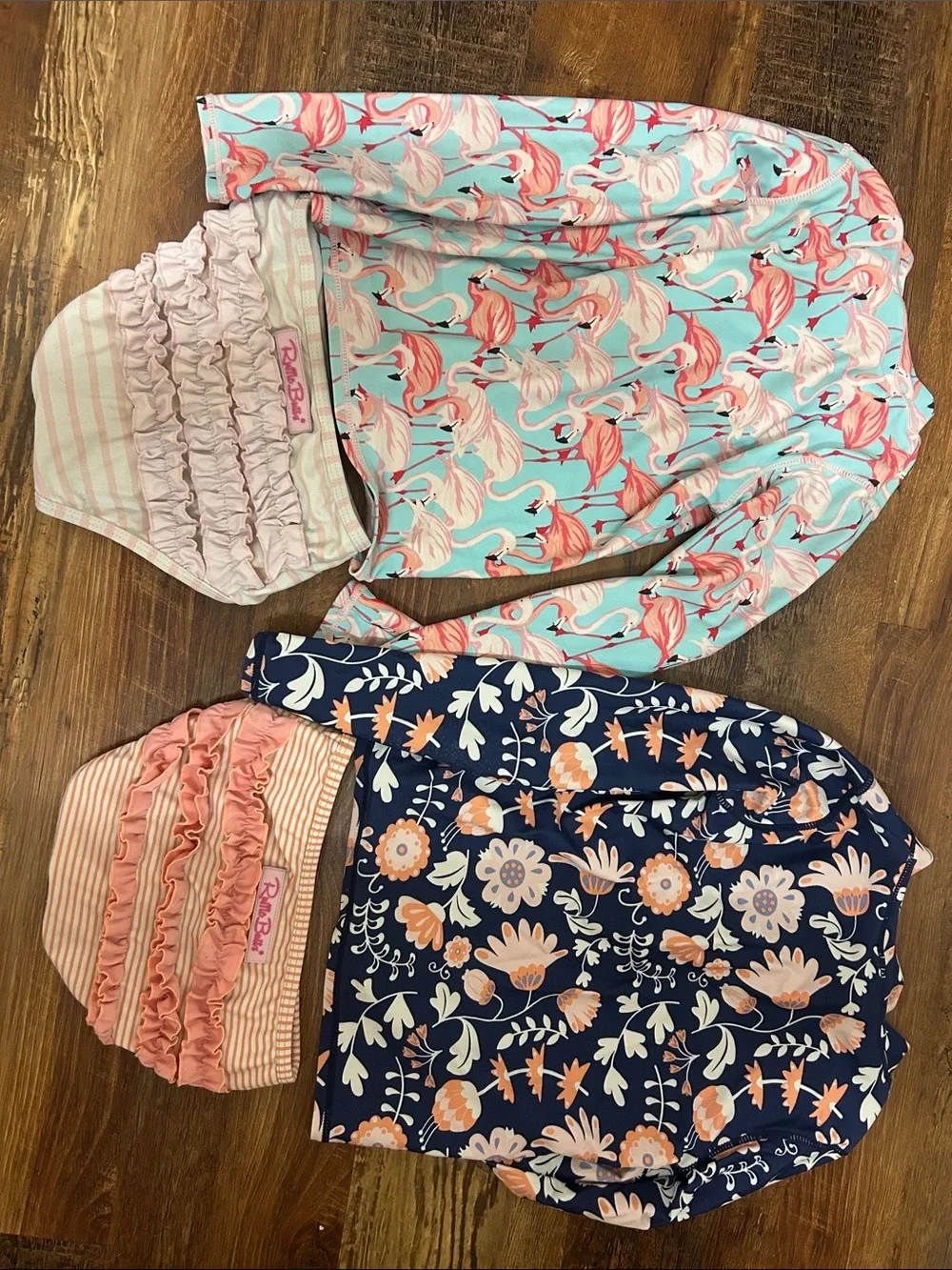 Ruffle Butts Turquoise Flamingo & Navy Floral Girls' Rashguard Set
